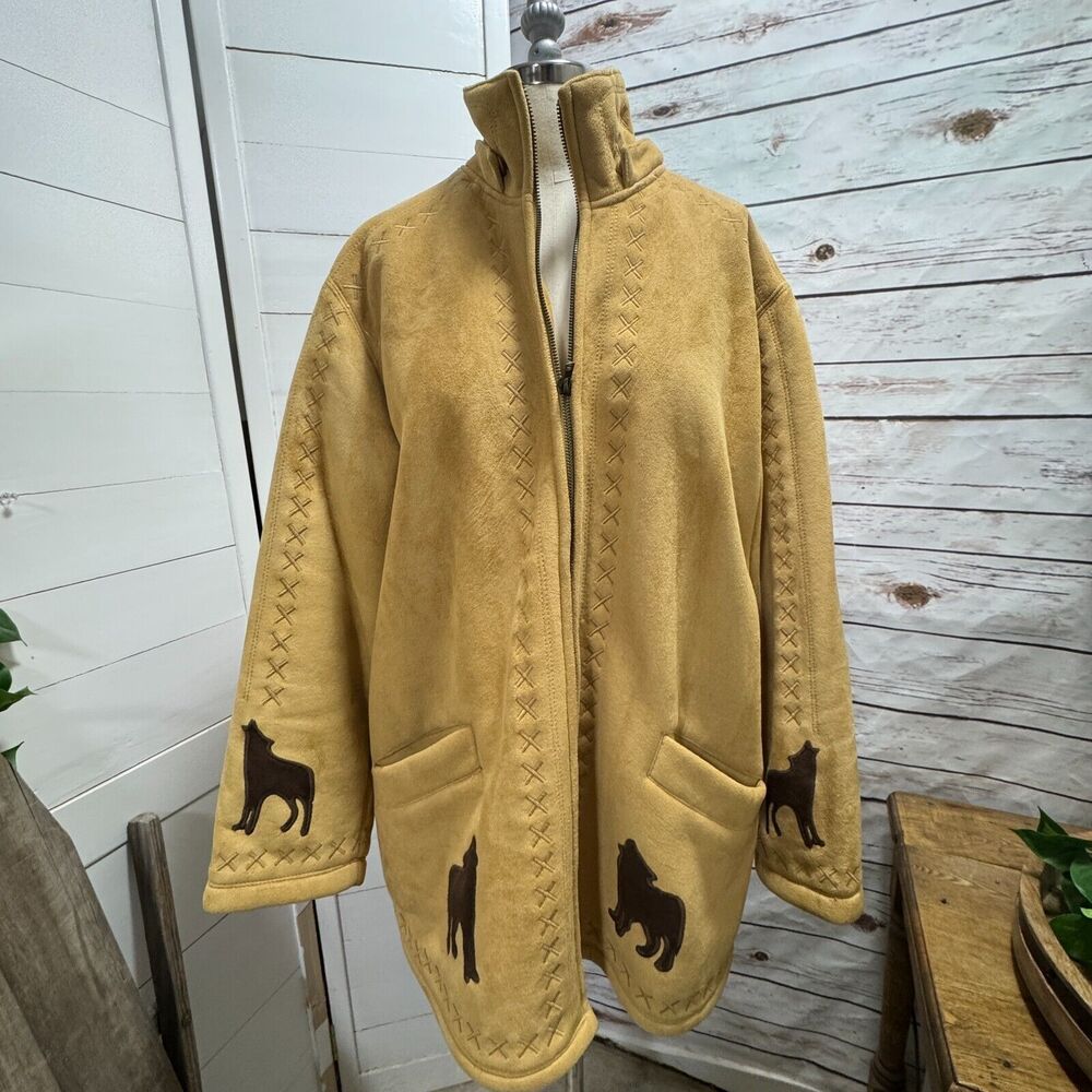 Coldwater Creek Wolf Coat Jacket Tan Faux Suede Lined Full Zip Fur Hooded Medium - Picture 10 of 14
